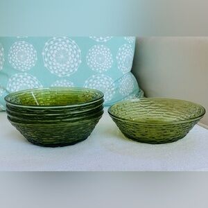 6 Anchor Hocking Glass SORENO Avocado Green Glass Cereal Bowls Pressed Bark 6”